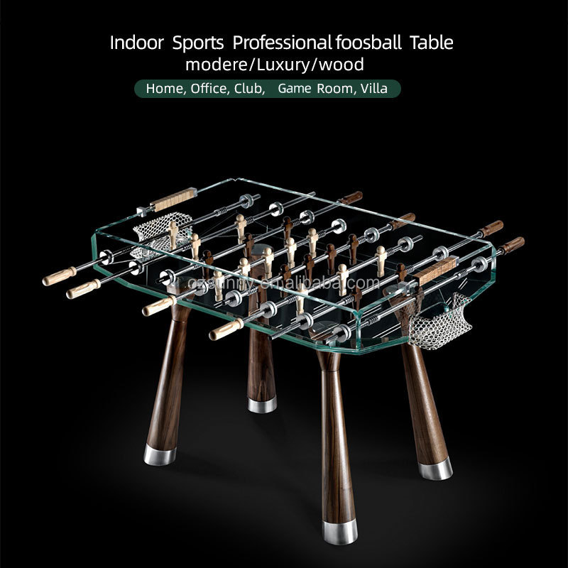 Foosball Table Commercial - โต๊ะฟุตบอลมืออาชีพสำหรับเล่นในร่ม พร้อมโครงไม้และอะคริลิก ตกแต่งด้วยสแตนเลสสีทอง เหมาะสำหรับการใช้งานเชิงพาณิชย์