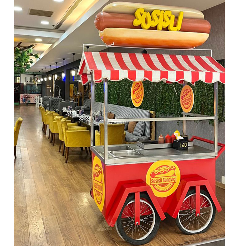 Hot Dog Vending Cart - รถเข็นขายอาหารเคลื่อนที่แบบกำหนดเอง 4 ล้อ สำหรับขายขนมและฮอทดอก ทำจากโลหะ ลดราคาพิเศษ